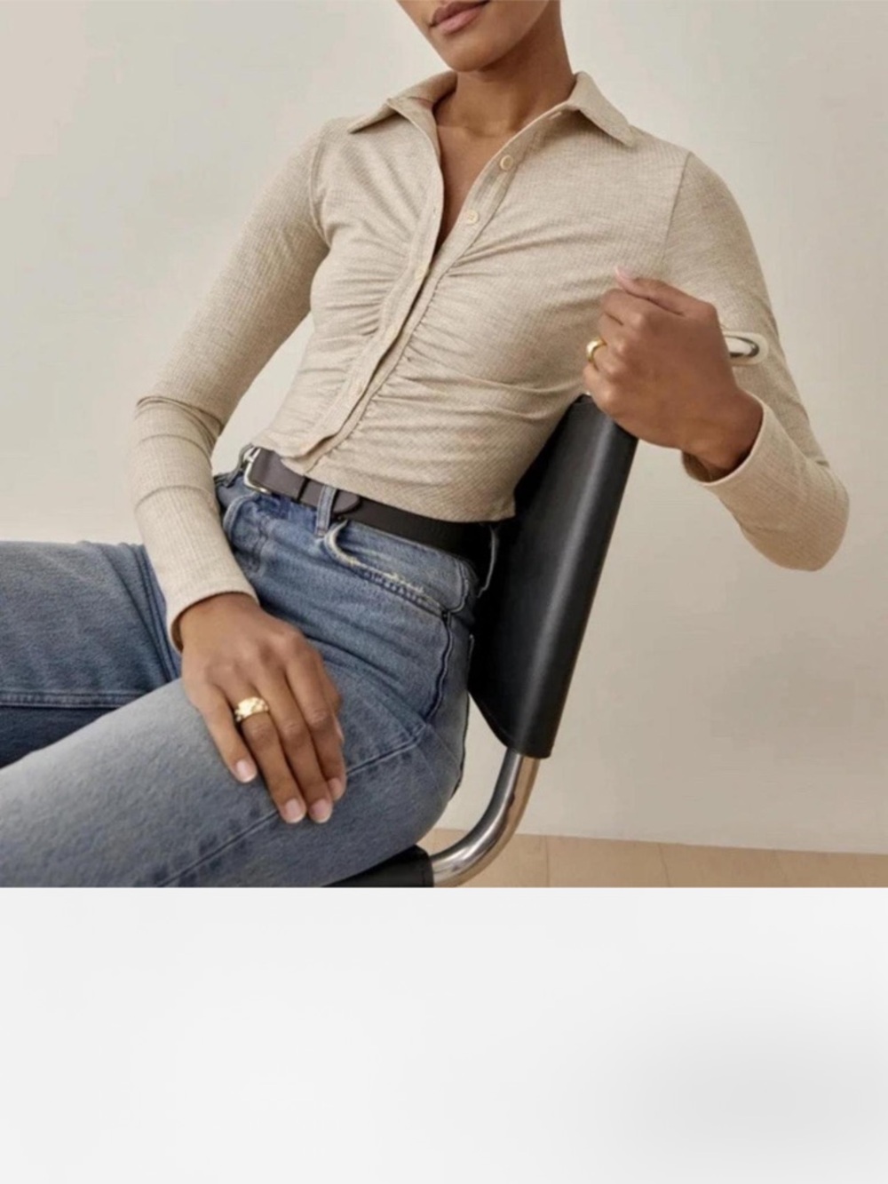 Reformation Neutral Beige Ribbed Ruched Button-Down Top - Picture 2 of 8